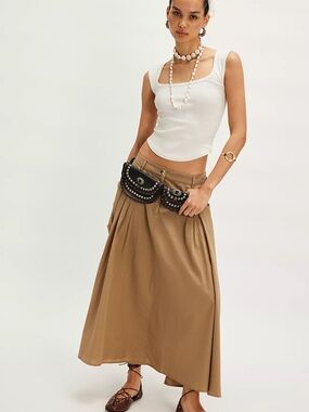 Free People All Around Midi Skirt Tan Olive Pleated Size M